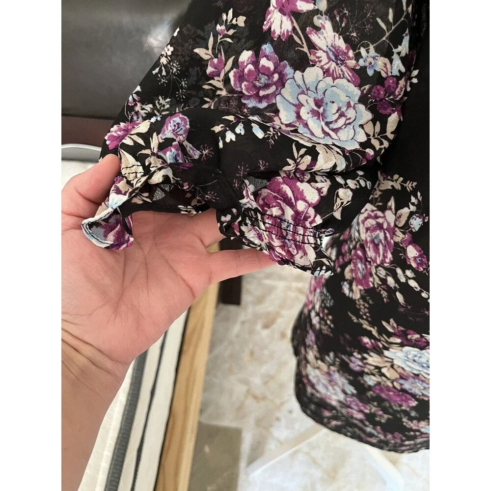 Woman Within Blouse 1X Floral Peasant Top Ruffle Neck Chiffon Boho Tunic sheer